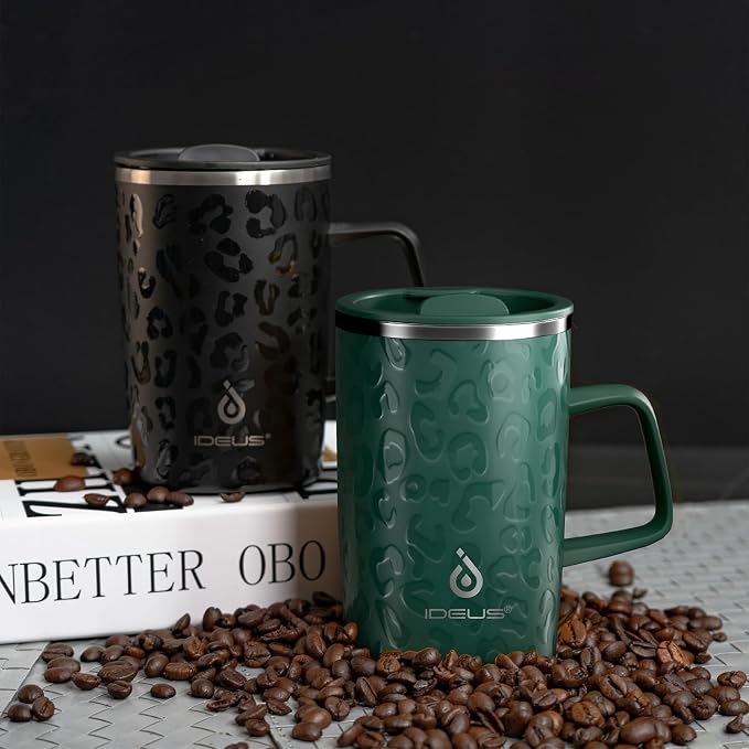 Ideus 16oz Insulated Stainless Steel Coffee Mug with Lid Leopard Dark Green | Perfect for home, office, or daily use| Easy to clean wide mouth| Sweat-proof| On the go