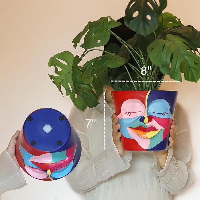 GUGUGO 8 Inch Abstract Rainbow Head Planter, Unique Face Plant Pot with Drainage, Cute Eclectic Flower Planters Pots for Indoor & Outdoor Plants, Colorful Funny Room Decor