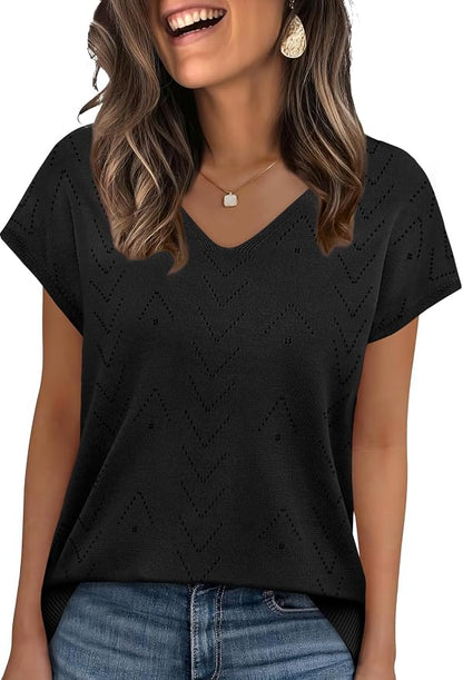 WIHOLL Short Sleeve Sweater for Women V Neck Trendy Cute Tops Business Casual Outfits Cap Sleeve