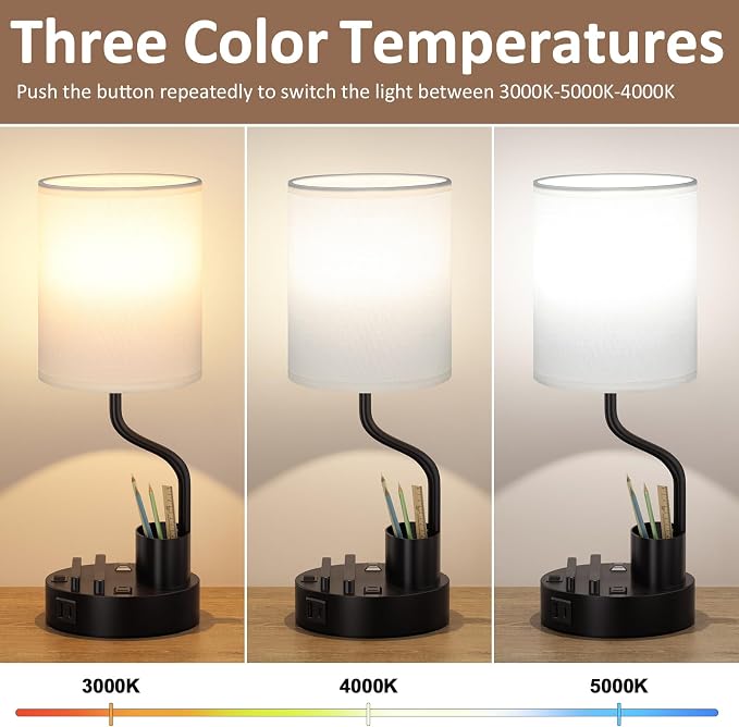 Fenmzee Bedside Lamps for Bedroom Set of 2 - Table Desk Lamp for Nightstand | 15" Table Lamp for Living Room with Pen Holder & Phone Stand, USB A+C Port, AC Outlet, 3 Color Temperature, LED Bulb Included