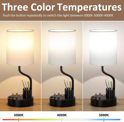 Fenmzee Bedside Lamps for Bedroom Set of 2 - Table Desk Lamp for Nightstand | 15" Table Lamp for Living Room with Pen Holder & Phone Stand, USB A+C Port, AC Outlet, 3 Color Temperature, LED Bulb Included