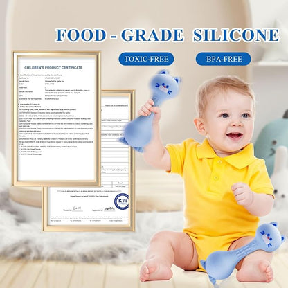 Baby Rattle Teething Toys Cat Silicone Teether Rattles for Baby 0-12 Months Food Grade Silicone (Blue)