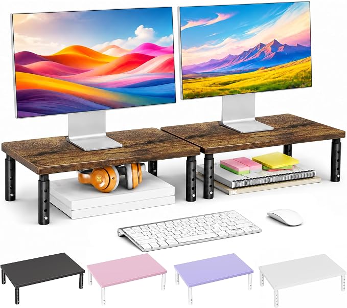 OPNICE Adjustable Monitor Stand Riser for Desk, Computer & Laptop Stand, Desk Organizers and Accessories, Office Desk Accessories & Workspace Organizer for Home Office, Brown Wood 2-Pack