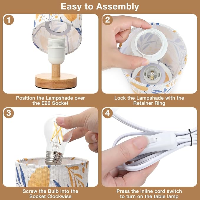 Fenmzee Small Table Lamps (Ginkgo Cream Shade, 9" Inline Control) | 3000K LED Blub Included | 680 Lumens | Easy Assembly | Minimalist Design | E26 | for Kitchen | for Kids Room