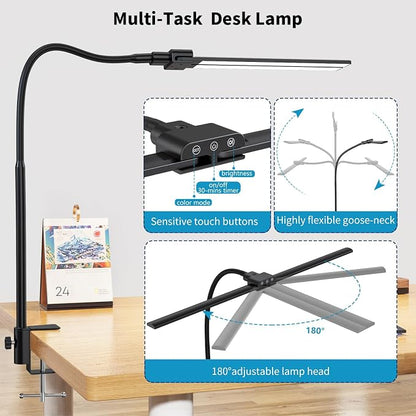 KableRika Desk lamp,Double Head LED Desk Lamp with Clamp,Architect Desk Lights for Home Office,Eye-Caring Desktop Office Lamp 4-Brightness 4-Color Table Lamp for Monitor Workbench Study Reading