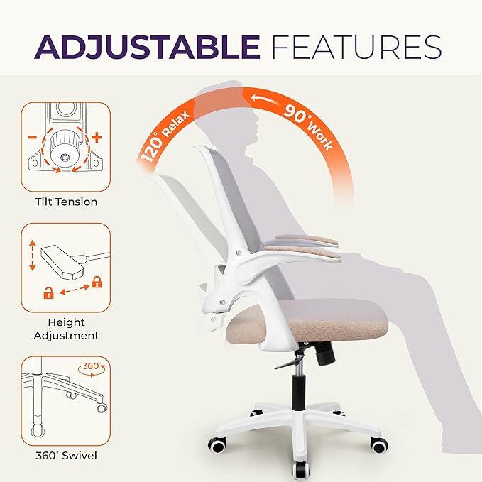 NEO CHAIR Office Desk Gaming Ergonomic Computer Chair with Lumbar Back Support Adjustable Height Swivel Rolling Wheels Flip-up Arms Mesh Chair for Home Vanity (Beige) | Lumbar Support, Height Adjustment, 360° Swivel and Rolling Base, Space-Saving Desig...