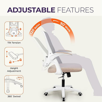 NEO CHAIR Office Desk Gaming Ergonomic Computer Chair with Lumbar Back Support Adjustable Height Swivel Rolling Wheels Flip-up Arms Mesh Chair for Home Vanity (Beige) | Lumbar Support, Height Adjustment, 360° Swivel and Rolling Base, Space-Saving Desig...