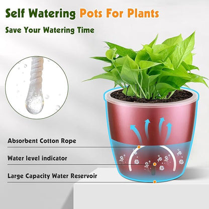 Self Watering Pots for Indoor Plants, 4-Pack 6.7'' Self Watering Planter with Drainage Holes, Small African Violet Pots with Water Indicator, Clear Wick Orchid Pot, Rose Gold