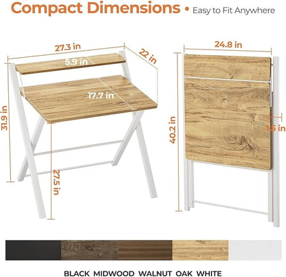 GreenForest Folding Desk No Assembly, Sturdy Computer Desk for Small Spaces | Portable Foldable Table for Laptop, 2-Tier Compact with Shelf, Space Saving for Home Office, Dorm, Apartment, 27.3"x 22" Oak