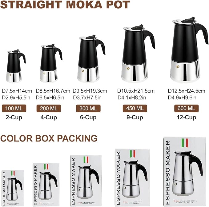 2 Cup Stovetop Espresso Maker Stainless Steel Moka Pot Stove Top Percolator Italian Coffee Makers Capable Mocha Greca Machine Cafe Classic Induction Cookers for Home and Camping 100ml 3.3oz