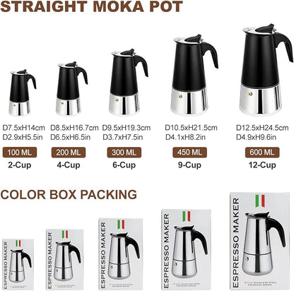 2 Cup Stovetop Espresso Maker Stainless Steel Moka Pot Stove Top Percolator Italian Coffee Makers Capable Mocha Greca Machine Cafe Classic Induction Cookers for Home and Camping 100ml 3.3oz