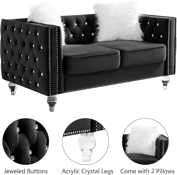 mikibama Velvet Loveseat with Buttons and Square Arms 59 Inch Tufted Sofa with Trimmed Nailhead and Acrylic Legs Loveseat Couch for Living Room, Bedroom (Black-Crystal Legs, Loveseat)