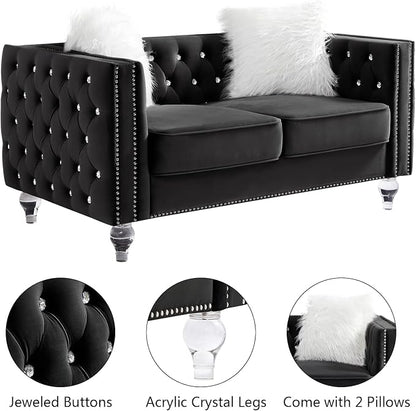 mikibama Velvet Loveseat with Buttons and Square Arms 59 Inch Tufted Sofa with Trimmed Nailhead and Acrylic Legs Loveseat Couch for Living Room, Bedroom (Black-Crystal Legs, Loveseat)