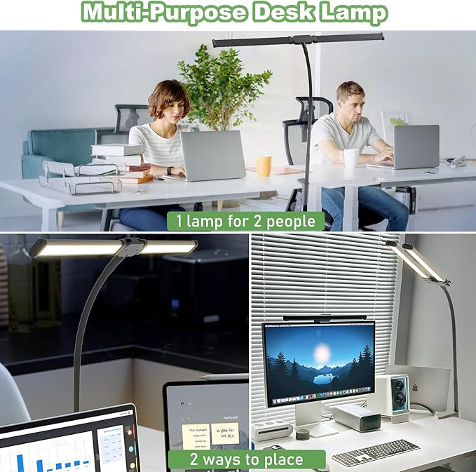 Desk Lamp for Office Home - LED Reading Light 160 LEDs with Clamp Table Lamps Eye-Caring Study Clip on Lights 3 Modes & Stepless Dimming Double Head Computer Lighting for Home, Office and Bedroom
