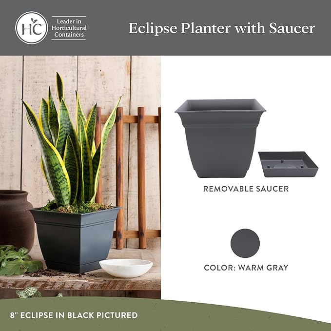 The HC Companies Eclipse Square Plastic Planter w/ Attached Saucer - Outdoor & Indoor Plant Pot with Drainage Holes - Lightweight, UV-Resistant Plastic Pots For Plants (12" Warm Gray, Pack of 1)