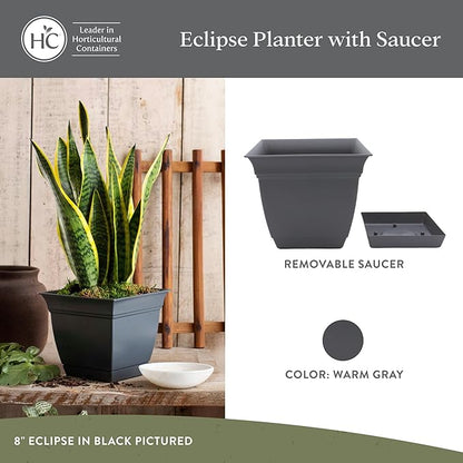 The HC Companies Eclipse Square Plastic Planter w/ Attached Saucer - Outdoor & Indoor Plant Pot with Drainage Holes - Lightweight, UV-Resistant Plastic Pots For Plants (12" Warm Gray, Pack of 1)