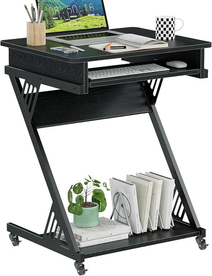 ALISENED Computer Desk for Small Spaces Compact Desk with Keyboard Tray | 23.6" Z-Shaped, with Wheels and Bottom Shelves, for Home Office, Computer Cart Mobile Laptop Cart, Black