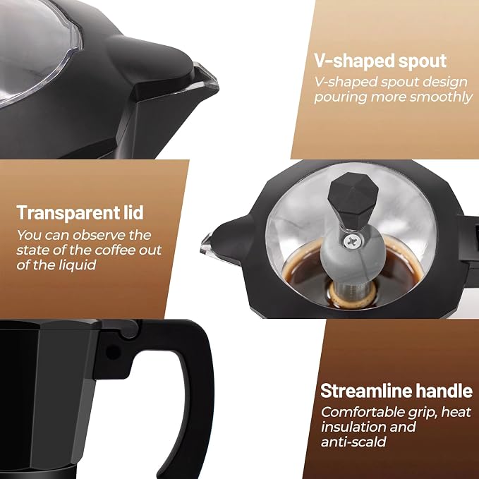 Electric Aluminum Moka Pot 3-6 Cup 150-270ml Espresso Maker | with Detachable Base Ideal Coffee Makers for Home MochaPot Italian and Cuban Café Coffeemaker Espressomaker CoffeePot Black