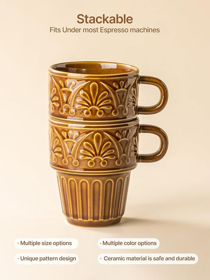 Ceramic Coffee Cups, Coffee Mugs Set of 4, 12 OZ Ceramic Mugs, Stackable Mug, Brown, Microwave & Dishwasher Safe for Hot Drinks Cocoa Latte, Perfect for Daily Use Gathering & All Holiday Gifts