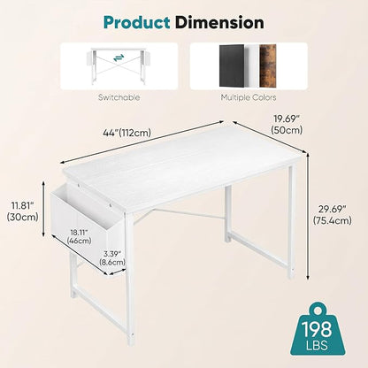 OLIXIS Computer Desk, 44 Inch Gaming Desks for Home Office Small Spaces | Writing Study Craft Work Table, Computer Workstation for Bedroom with Storage Bag, All White