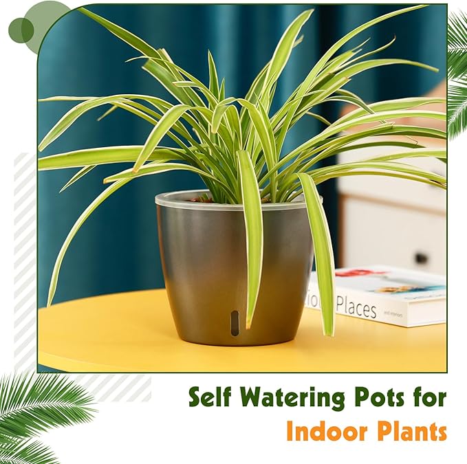 Self Watering Pots for Indoor Plants, 6-Pack 5'' Self Watering Planter with Drainage Holes, Small African Violet Pots with Water Indicator, Clear Wick Orchid Pot, Grey