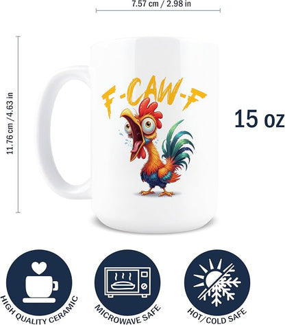F-Caw-F Coffee Mug, Fun Coffee Mugs, Funny Cups, Fcawf, F Caw F, Funny Cups for Adults, 15 oz Ceramic Fcawf Chicken, Hidden Message, Adult Humor Gag Gift, White Elephant Gift