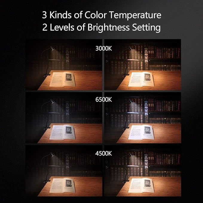 Clamp Desk Lamp, Clip on Reading Light, 3000-6500K Adjustable Color Temperature, 6 Illumination Modes, 10 Led Beads (Black)