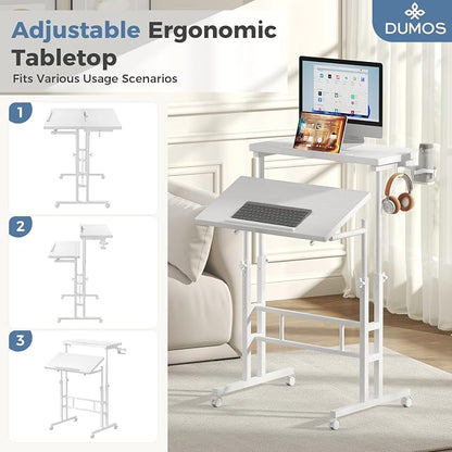 DUMOS Rolling Standing Desk, Sit Stand Desk, Computer Cart | Manual Height Adjustable, Split Top Mobile, Laptop Workstation, Portable Home Office, Walking Pad Study Surface, White