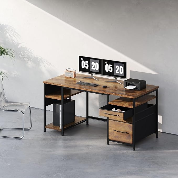 Maihail Small Desk with Drawers, Office Desk with Storage Shelves, Brown2 | 59 Inch Desktop, Metal Frame, 3 Fabric Drawers, Storage Shelves, Computer & Writing Desk, Office Gaming Workstation