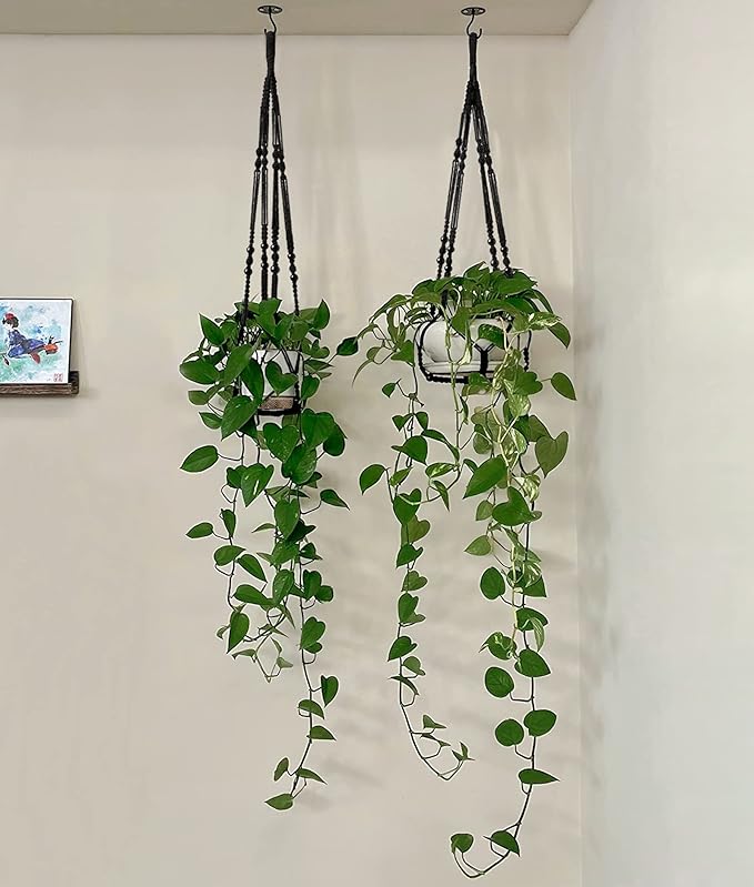 Mkono Macrame Plant Hanger Indoor Hanging Planter Basket with Wood Beads Decorative Flower Pot Holder No Tassels for Indoor Outdoor Boho Home Decor 35 Inch, Black, Set of 1 (POTS NOT Included)