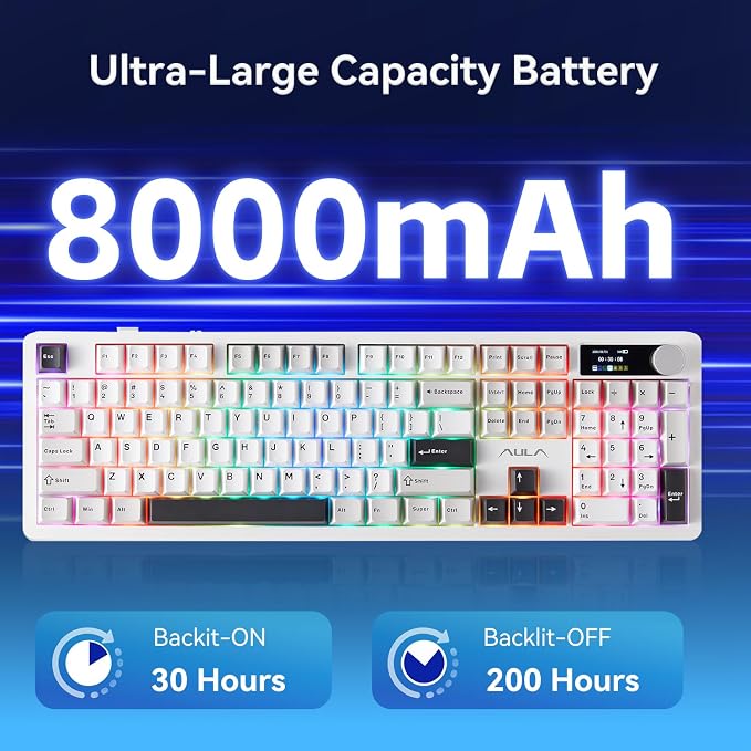 AULA F106 Pro Wireless Keyboard Full Size Mechanical Gaming Keyboards | Full Size,Hot Swappable Custom,8000mAh,RGB Backlit,Creamy Pre-lubed Blaze Switches,PBT Keycaps,Tri-Mode BT/2.4GHz/USB-C