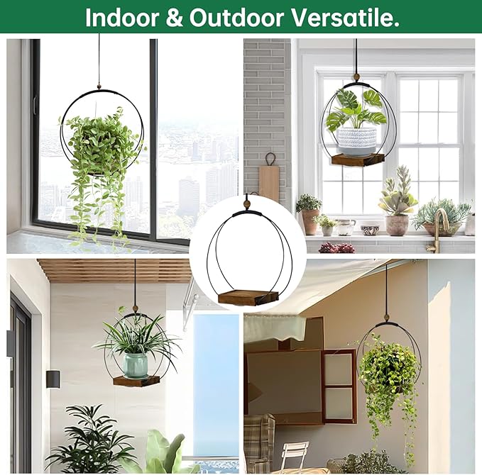4 Pack Hanging Planters for Indoor Plants,Plant Hanger with Sturdy Wood Base,Modern Boho Macrame Plant Hanger,Wall Ceiling Window Stands(Plants/Pots Not Included)