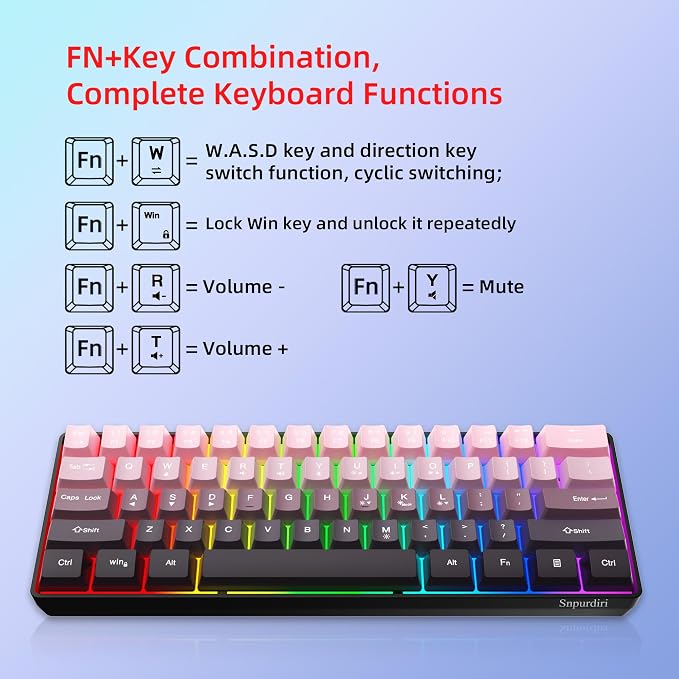 Snpurdiri 60% Wired Gaming Keyboard, Pink-Black | 61 Keys, RGB Backlit Ultra-Compact Small Gaming Keyboard for PC/Mac Gamer, Typist, Travel, Easy to Carry on Business Trip
