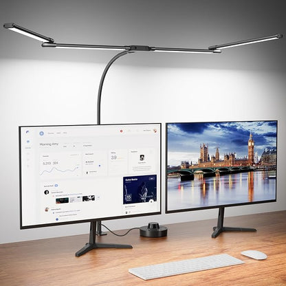 Desk Lamp Clamp Light 24W, Ultra Wide 4 Head Bars, 5 Color Modes Dimming, Multi-Screen Setup for Office, Architect, Black, Aluminum, Adapter Included