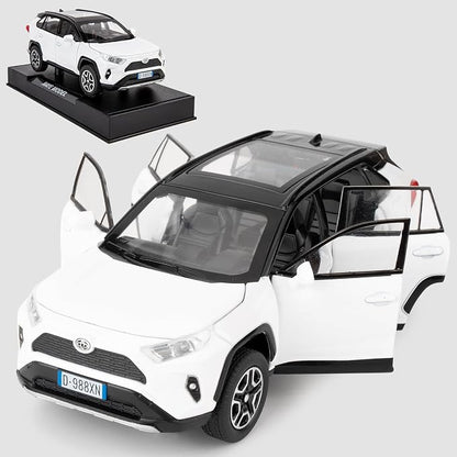 WAKAKAC Model Car 1/32 RAV4 Alloy Diecast Collectible Toy Car with Light and Sound Toy Vehicle Door Can Be Opened for Boys Kids Toddler Gift (White)