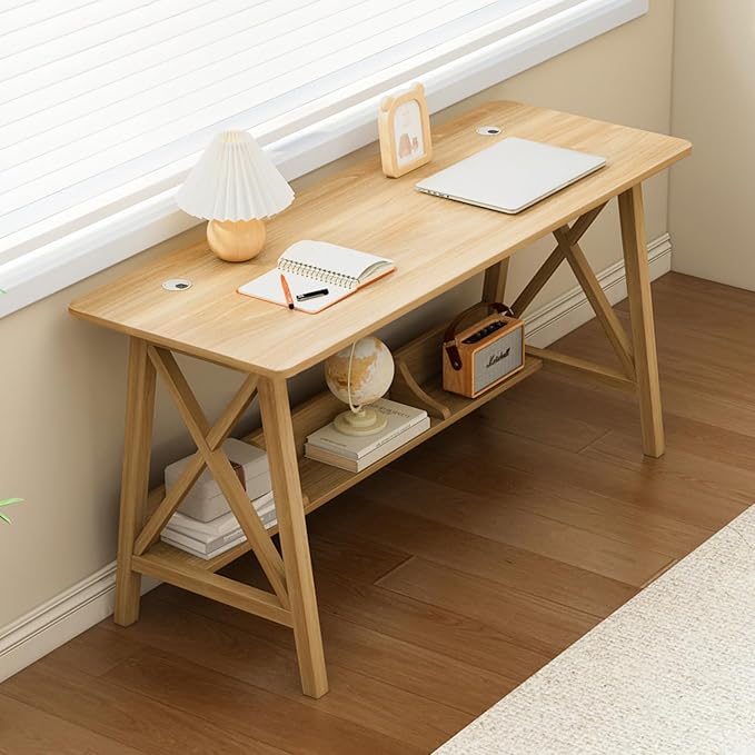 NELYE Extra Long Writing Desk with Bookshelf, 47" Wx16 Dx30 H, Oak | Wooden Home Office Work Study Table, Computer Gaming Workstation with Storage Shelf, Sturdy MDF Resists Wobble