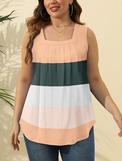 Saloogoe Summer Tank Tops for Women Loose Fit Pleated Square Neck Sleeveless Tops Curved Hem Flowy