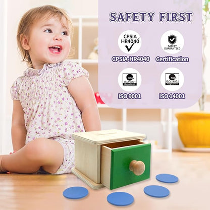 Montessori Wooden Coin Box with Drawer for Baby 18+ Months, Coin Sorter Fine Motor Toys for Kids, Motessori Classroom Learning & Educational Resources Toys Gifts