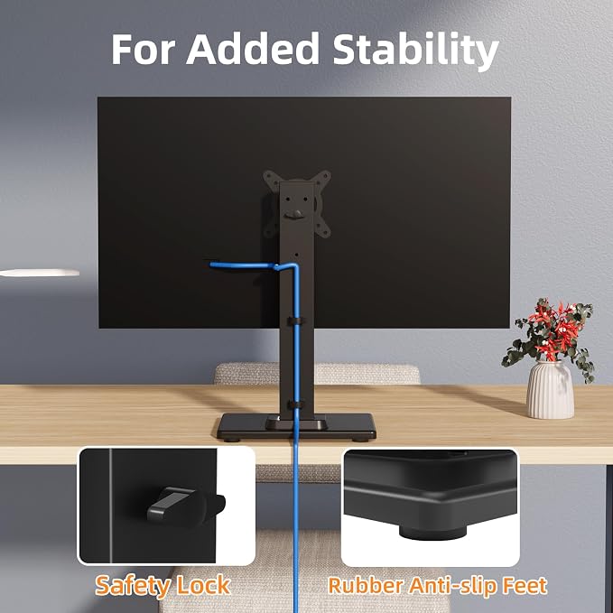 Suptek Single LCD Monitor Stand Mount Riser for 13-43 Inch Screen | Holds up to 44lbs, Free-Standing, Swivel, Height Adjustable, Rotation, 50-100mm VESA Base