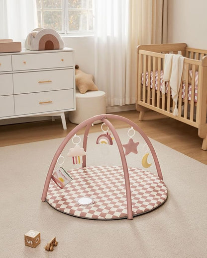 Blissful Diary Baby Play Gym Mat, Play Mat Activity Mat with 6 Detachable Toys for Stage-Based Sensory & Motor Skill Development, Easy to Install & Clean, Baby Essentials Gift, Blush Checkered