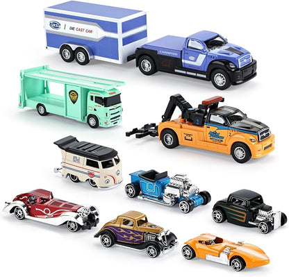 haomsj Car Toys for Kids 9 PCS Playsets Tow Truck Toy and City Carrier Vehicle,Transport Truck with Die Cast Metal Racing Cars for Boys and Girls Age 3-5 Years