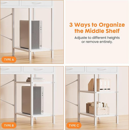Sweetcrispy 47" Computer Desk with 6 Fabric Drawers & Storage Shelves | Reversible Gaming Desk, Office Desk, Computer Workstation, Corner Desk with Storag, Home Office, Living Room, White