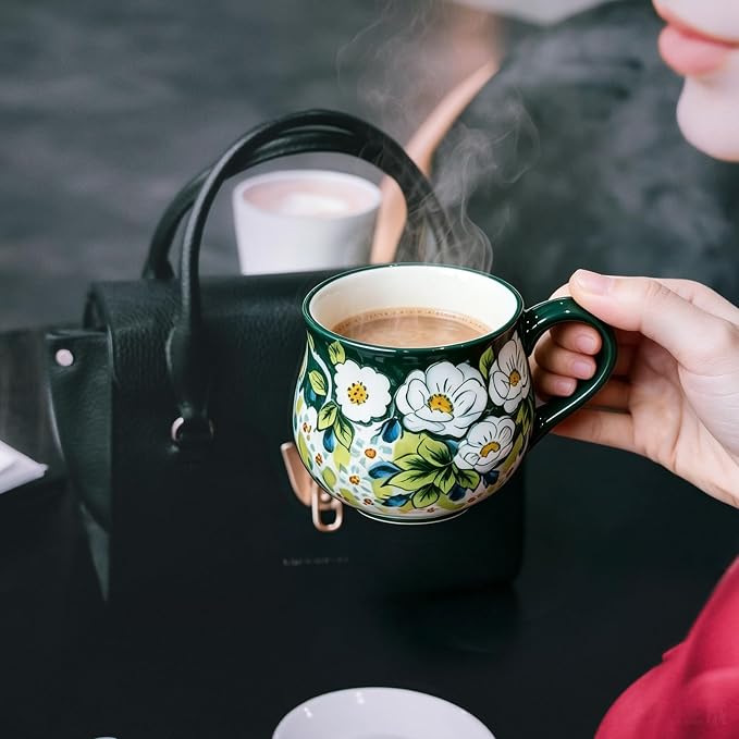 ALMA 12oz Handmade Floral Ceramic Coffee Mug | Microwave & Dishwasher Safe, Ideal for Morning Coffee Tea, Home Kitchen Dining Room Display, For Home Makers & Women
