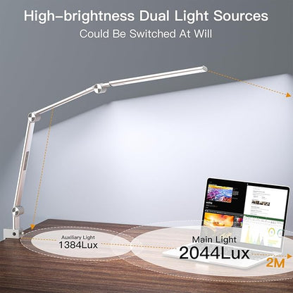 LED Desk Lamp, Desk Light for Home Office, Dual Light Source, Eye-Caring Optical Lens, 5 Color Modes & Brightness, 18W Brightest, Swing Arm Office Lamp, Clamp Lamp, Work Light, Task Light