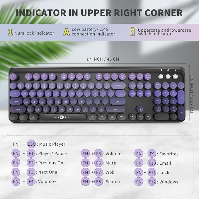 FOPETT Wireless Keyboard and Mouse Combo, 104 Keys Full-Sized 2.4 GHz Round Keycap Colorful Keyboards, USB Receiver Plug and Play, for Windows, Mac, PC, Laptop, Desktop (Black Purple)