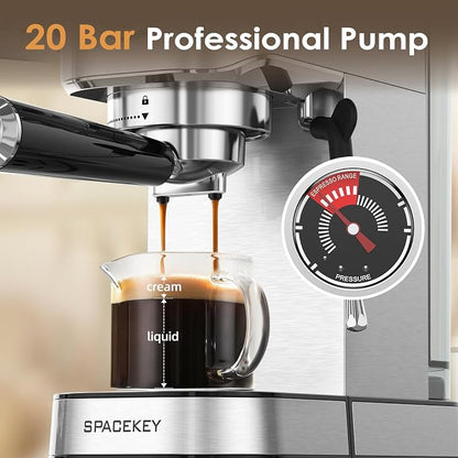 Spacekey Espresso Machine with Milk Frother, 20 Bar Compact Expresso Coffee Machines for Home, Stainless Steel Espresso Maker with 39oz Removable Water Tank for Cappuccino Latte, Fast Heating, Silver