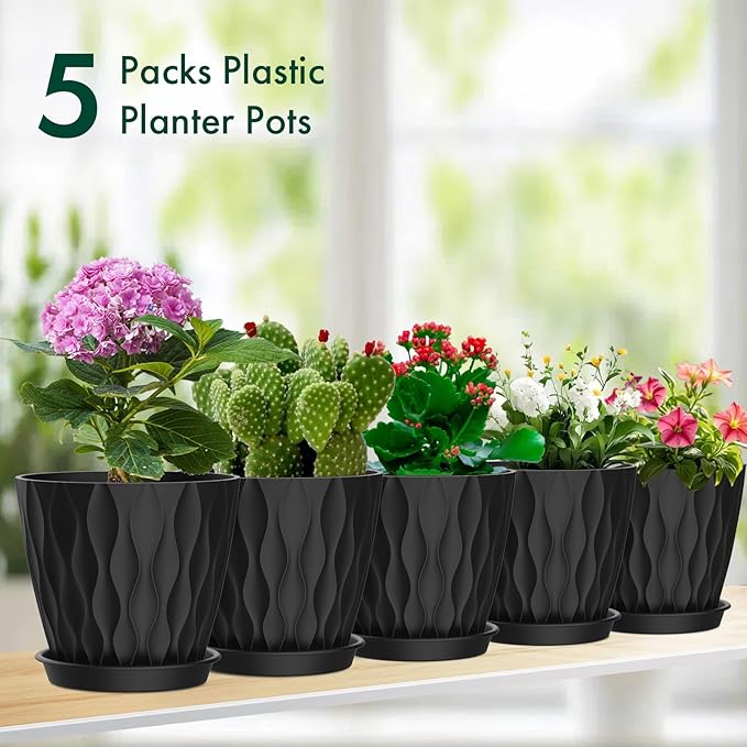 6 inch Plant Pots, 5 Pack Flower Pots for Indoor Outdoor Plants, Water Ripples Plastic Planters with Drainage Holes and Saucers, Nursery Pots for Small Succulent Garden House Plants, Black