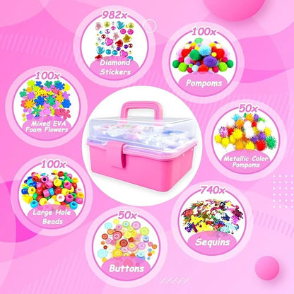 3000 Arts and Crafts Supplies for Kids Craft Kit All in 3 Layered Craft Box with Pipe Cleaners Crafts for Kids Age 4-6, 6-8, 8-12 DIY School Supplies Materials Set Toys Gifts for Girls Boys, Red
