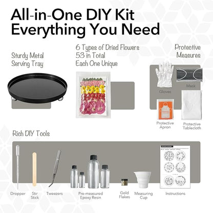 Auraeve All-in-One Resin Tray Craft Kit for Adults, Beige-Basic, 9.8" | 55Pcs Real Flowers, 10OZ Epoxy Resin, Metal Tray, Gift for Craft Lovers, Trinket Organizer, Décor