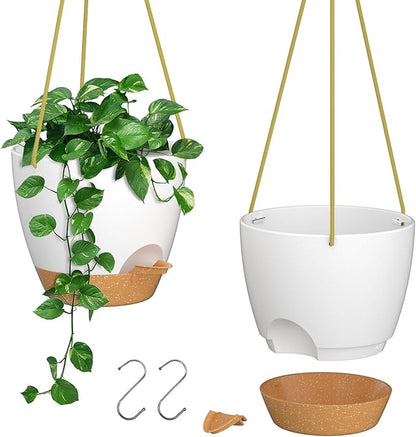 ZMTECH 8 Inch Hanging Planters for Indoor Outdoor Plants, 2 Pack Self Watering Hanging Plant Pots with Drainage Holes and Removable Saucer, Plastic Flower Hanging Pots with Watering Lip (White)